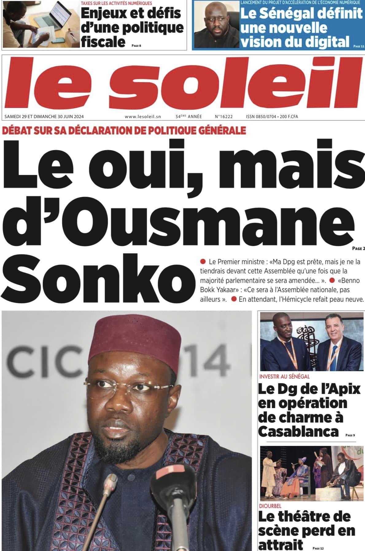 Découvrez les Unes des journaux sénégalais du samedi 29 juin 2024