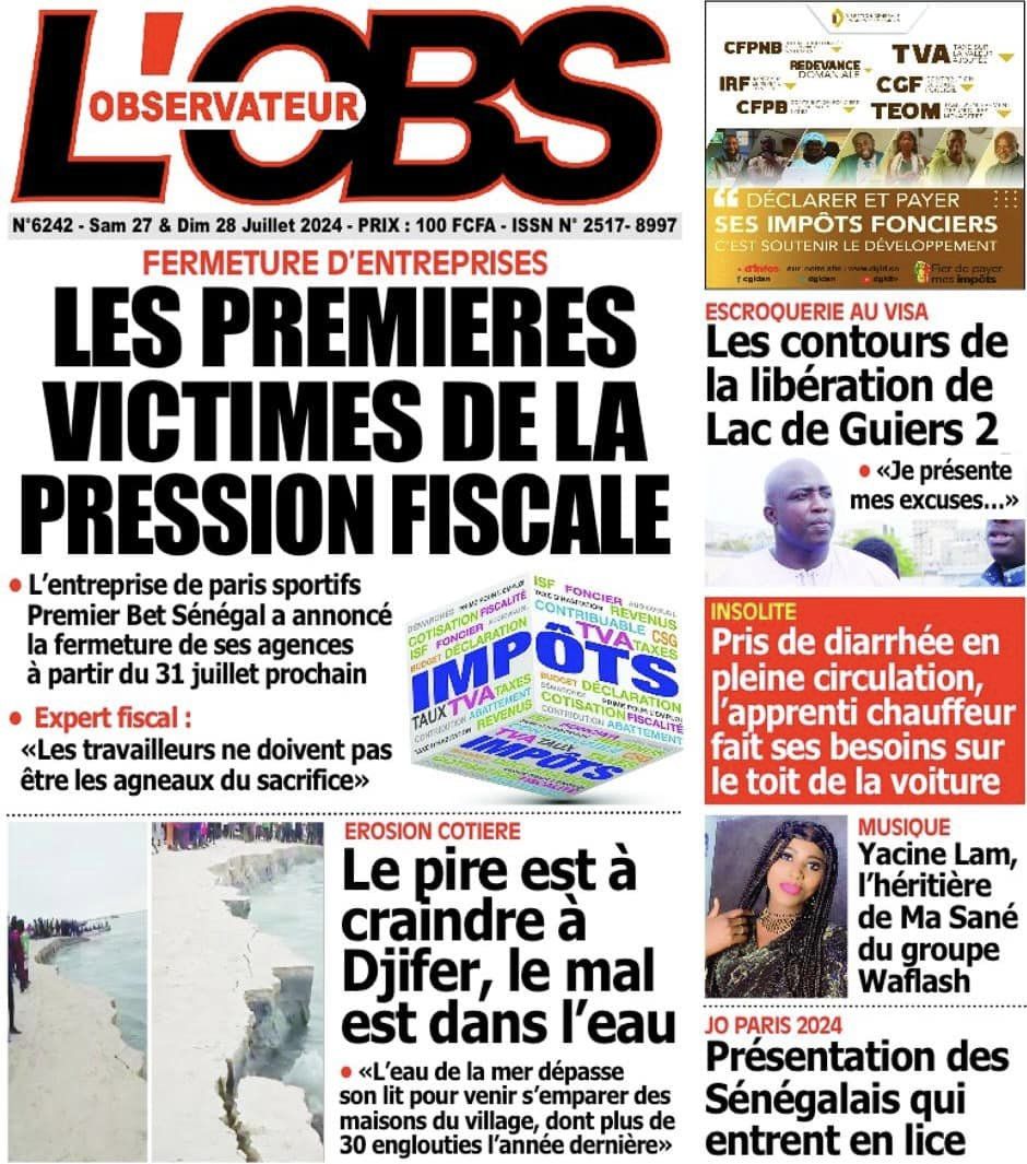 Découvrez les Unes des journaux sénégalais du Samedi 27 juillet 2024