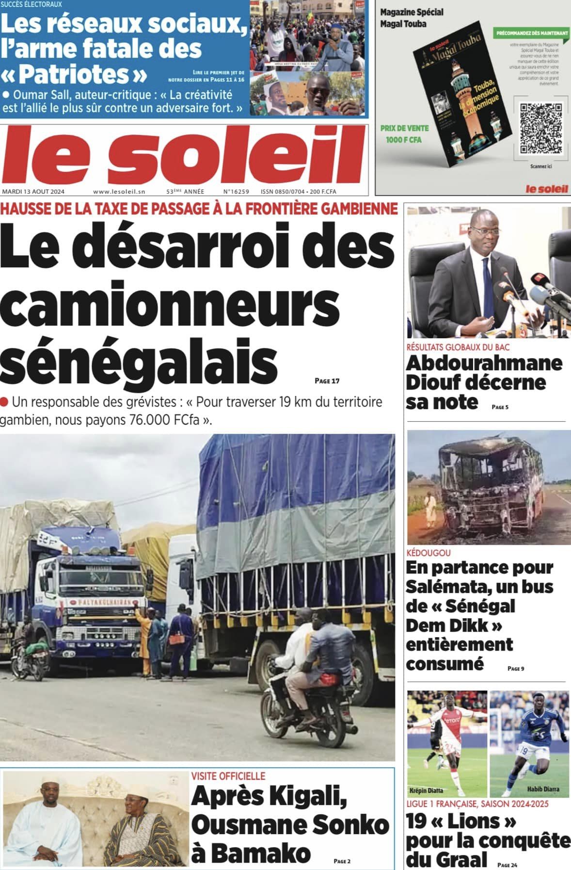 Découvrez les Unes des journaux sénégalais du mardi 13 août 2024