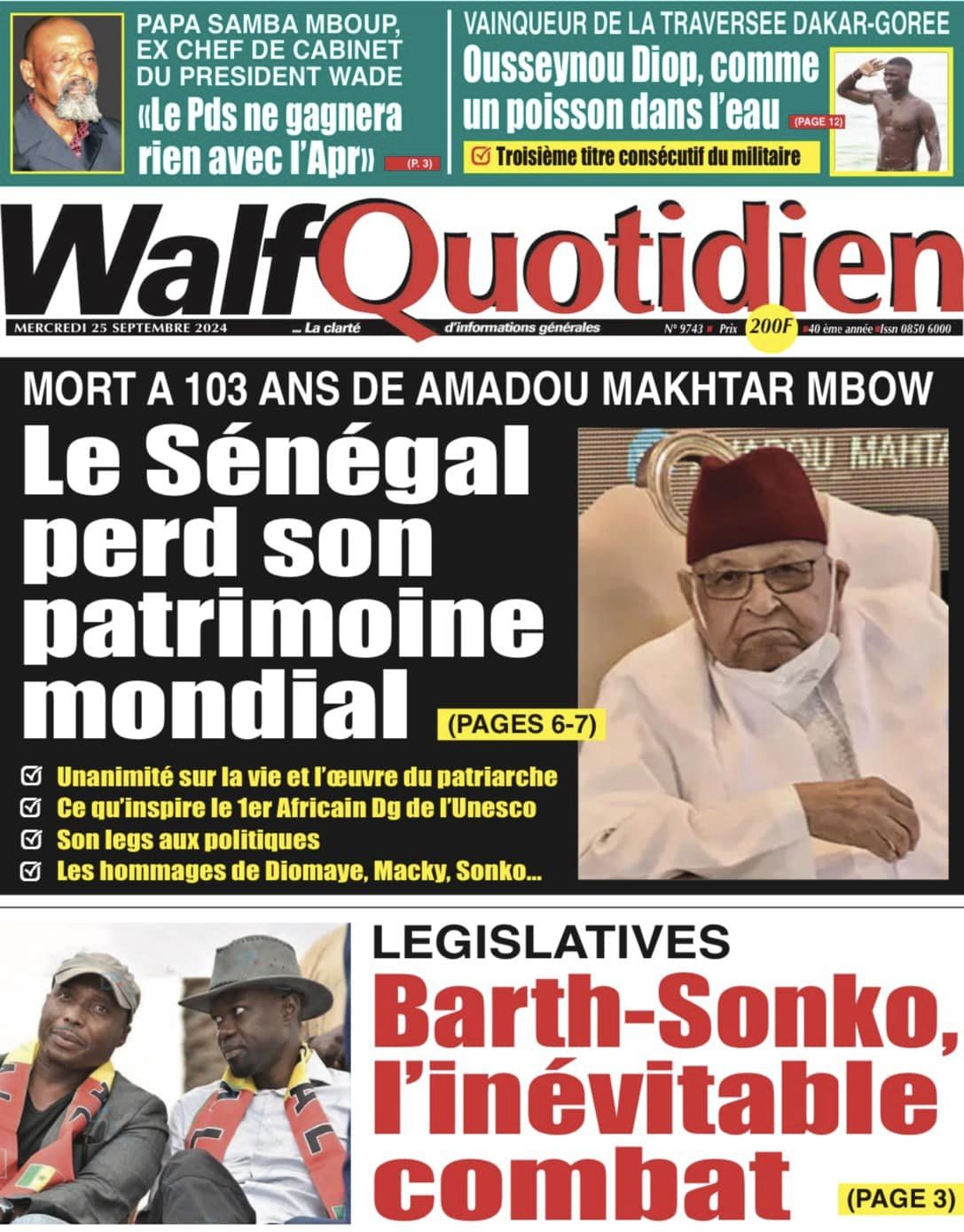 Découvrez les Unes des journaux sénégalais du mercredi 25 septembre 2024