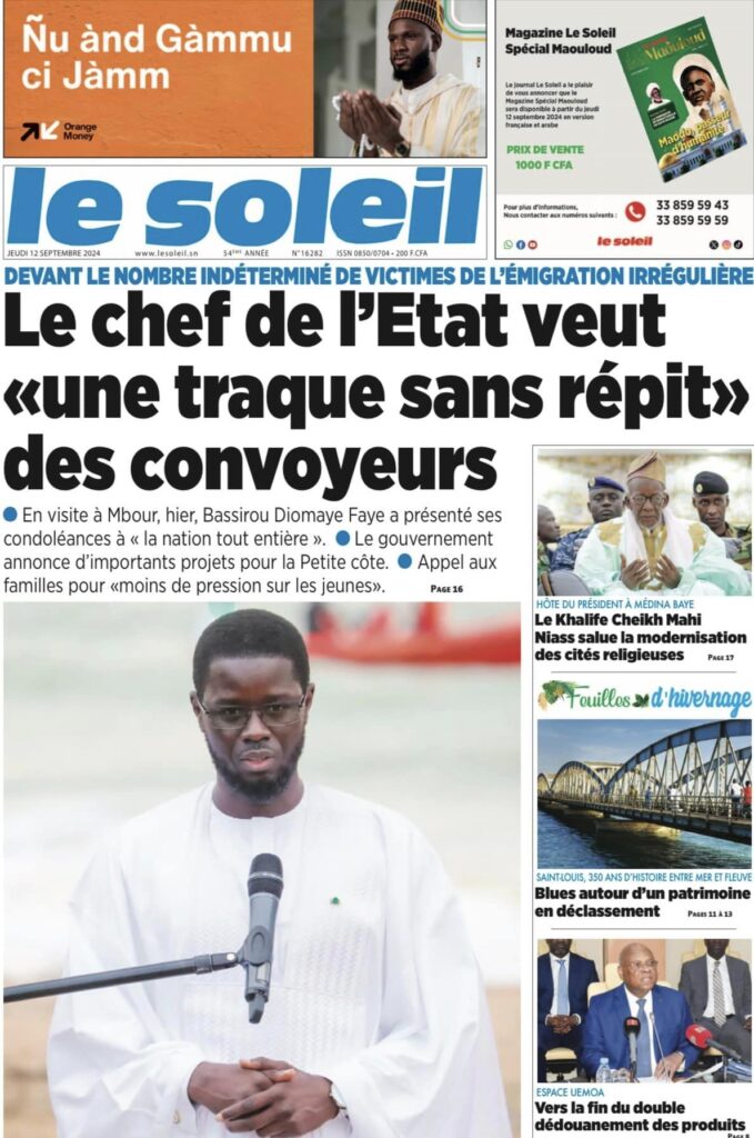 Unes des journaux sénégalais du 12 septembre 2024 : découvrez les manchettes du jour