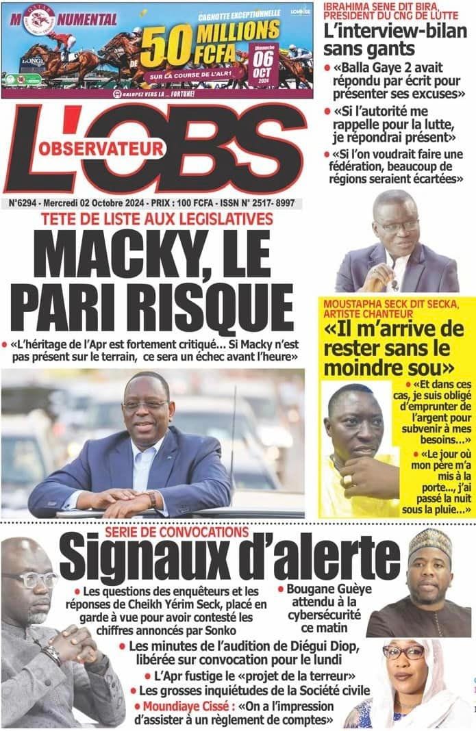 Découvrez les Unes des journaux sénégalais du mercredi 02 octobre 2024