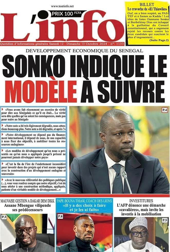 Découvrez les Unes des journaux sénégalais du samedi 12 octobre 2024