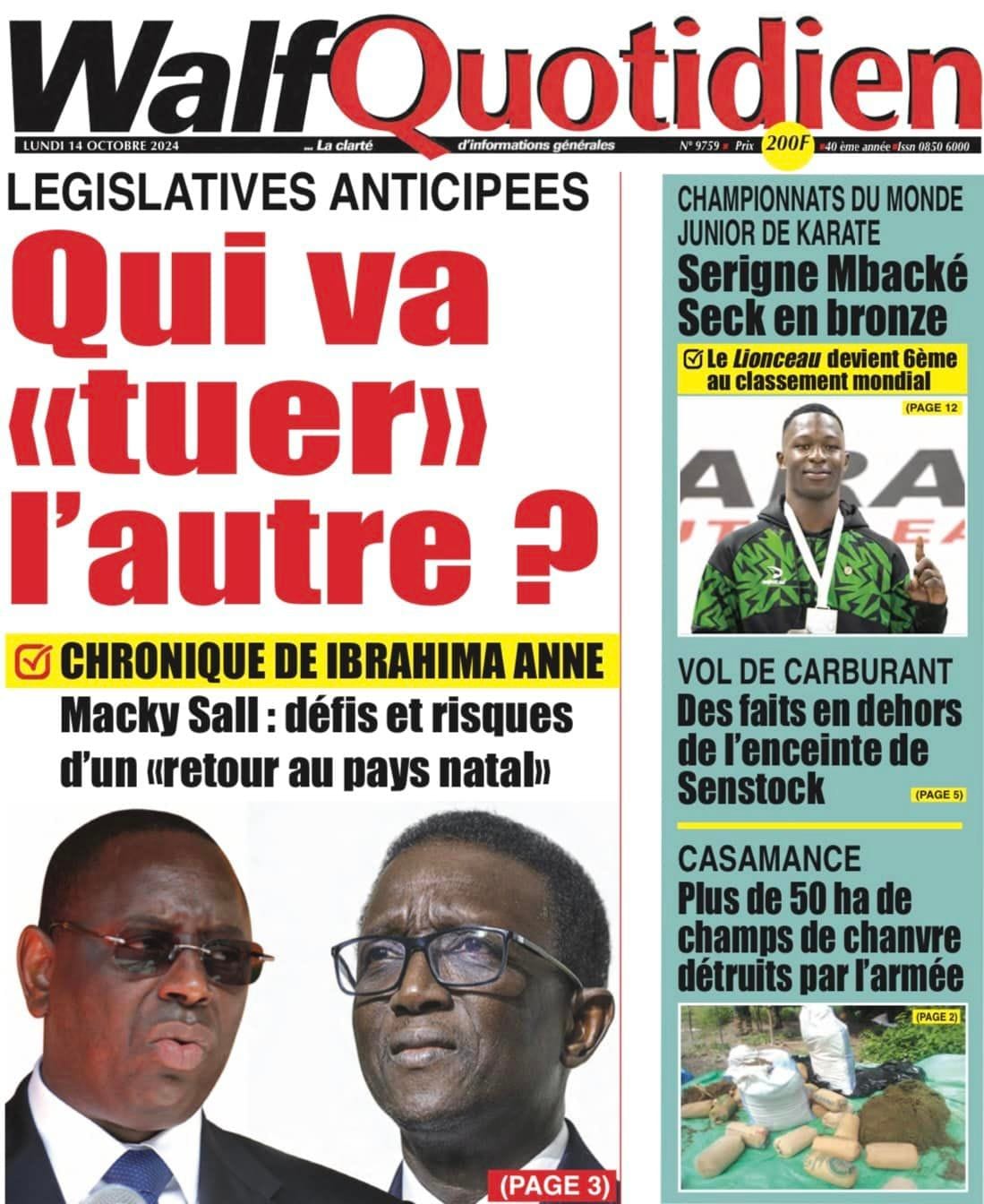 Découvrez les Unes des journaux sénégalais du lundi 14 octobre 2024