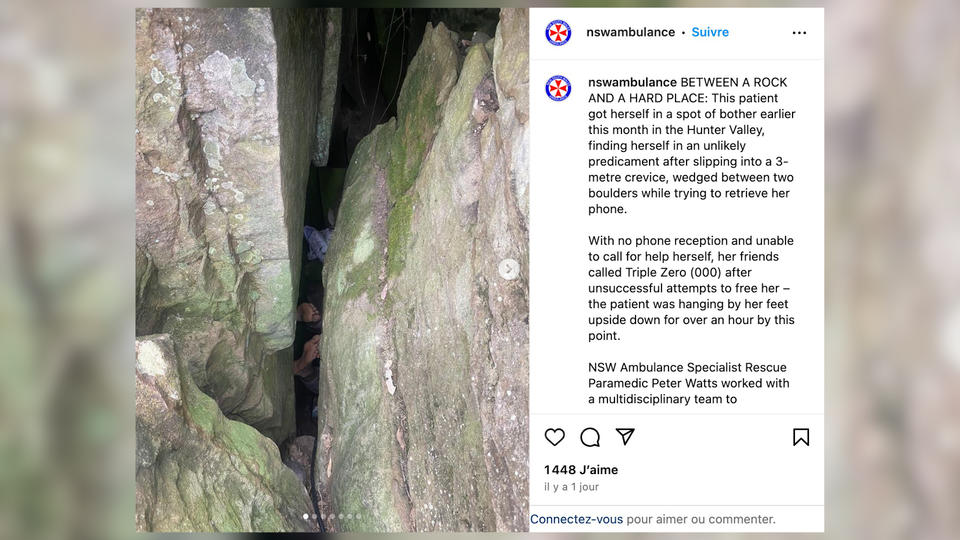 Australie : une femme secourue après sept heures coincée la tête en bas entre des rochers