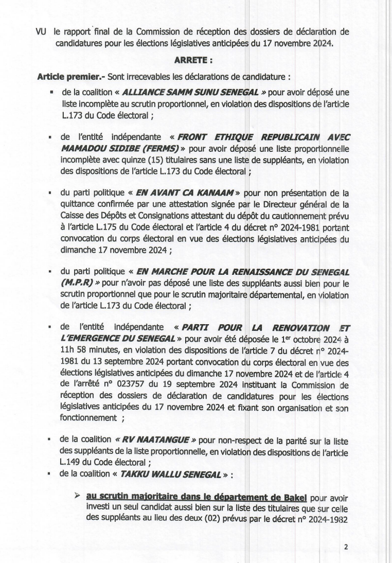 Législatives anticipées : candidatures validées et rejetées