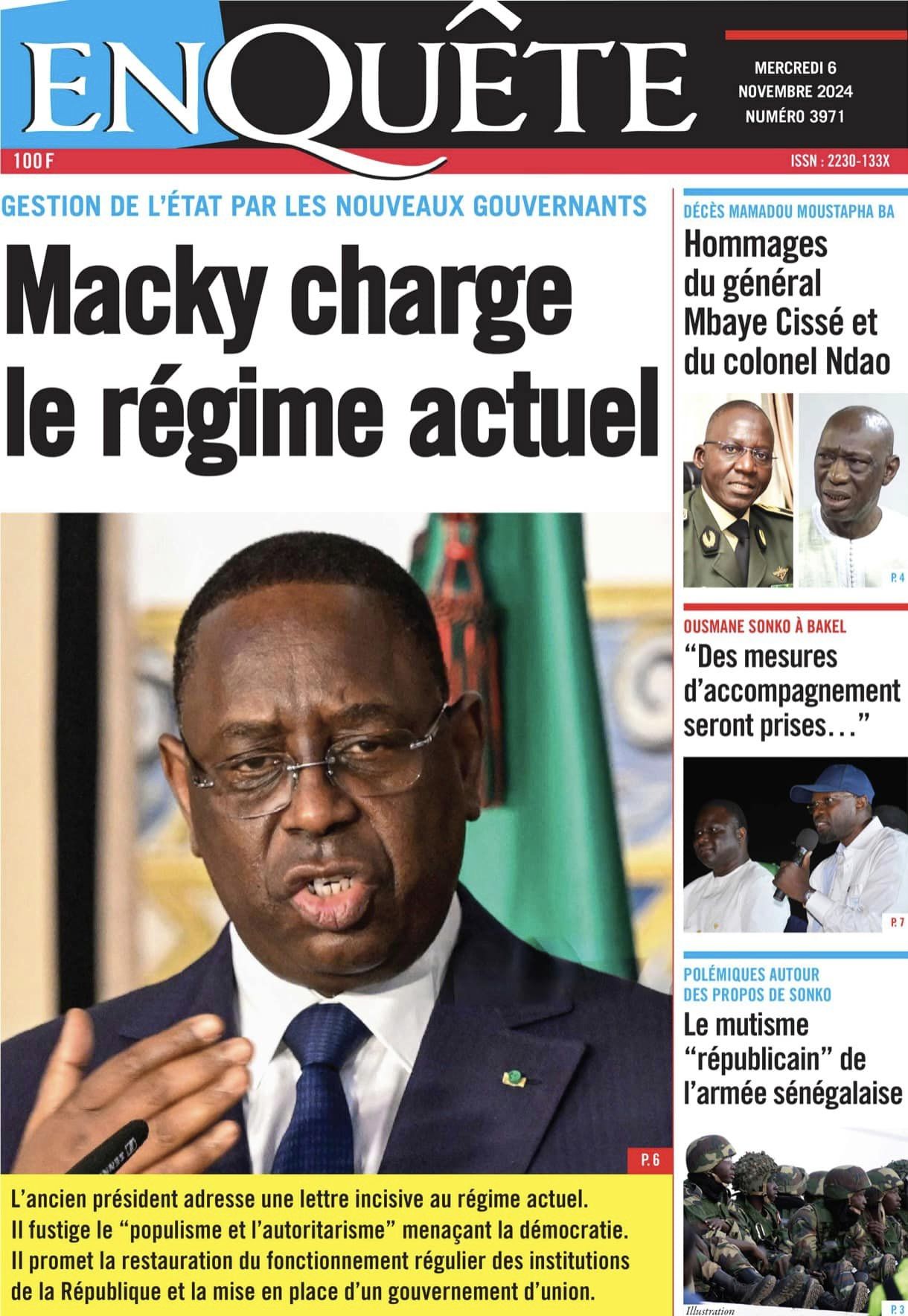 Découvrez les Unes des journaux sénégalais du mercredi 06 novembre 2024