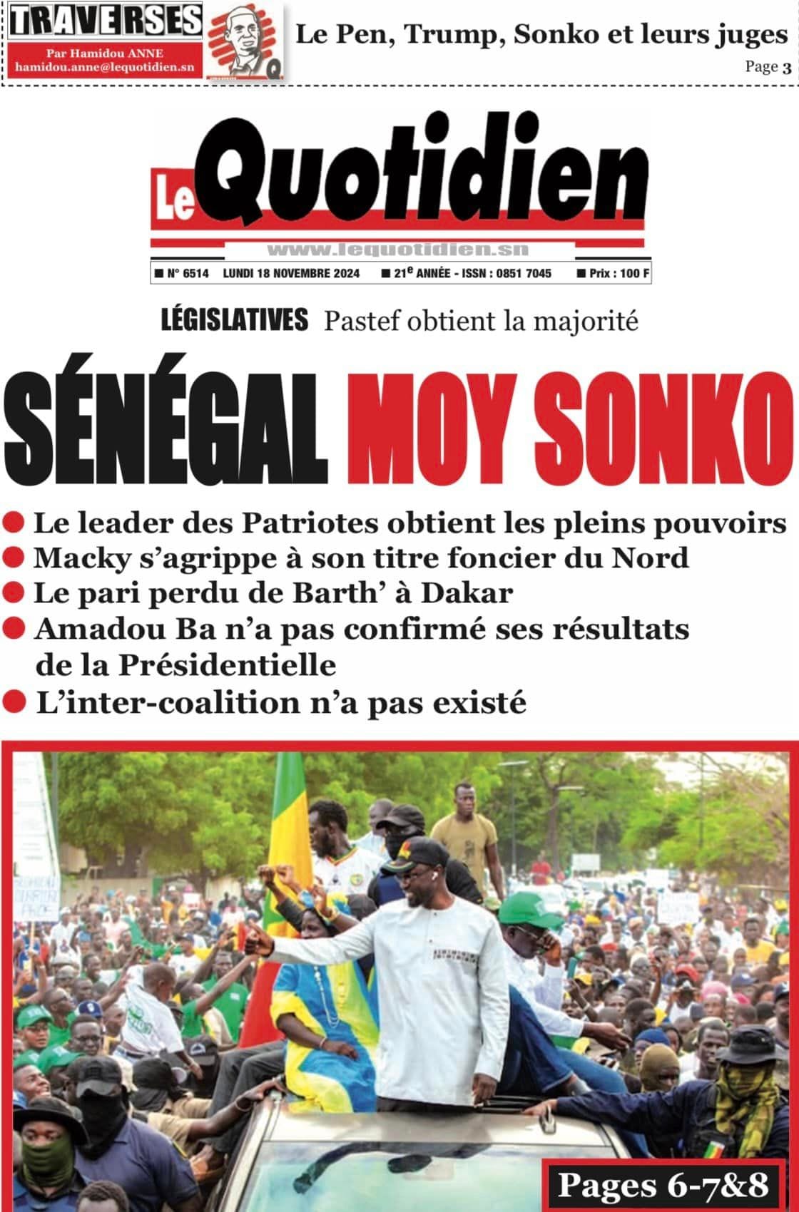 Découvrez les Unes des journaux Sénégalais du lundi 18 novembre 2024