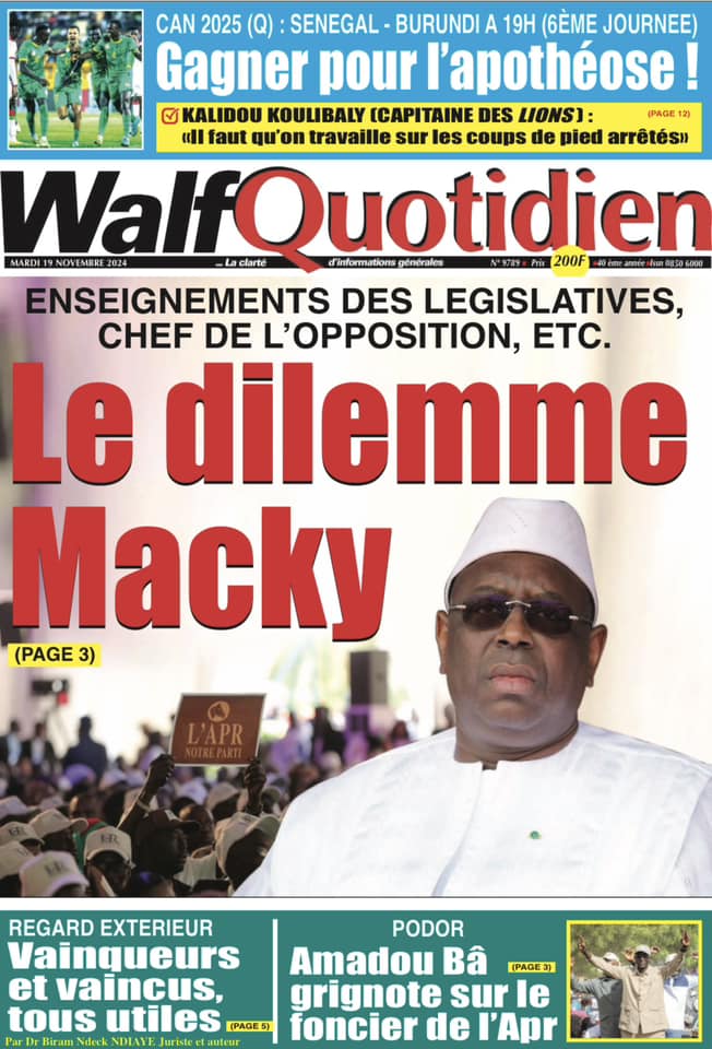 Lisez les Unes des journaux Sénégalais du mardi 19 novembre 2024
