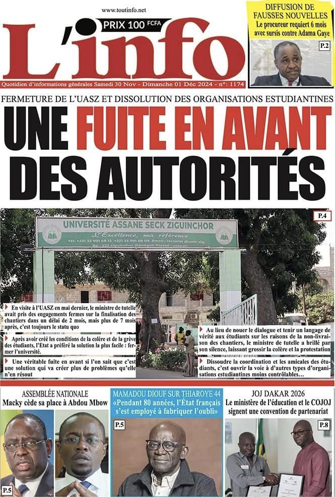 Découvrez les Unes des journaux Sénégalais du samedi 30 novembre 2024