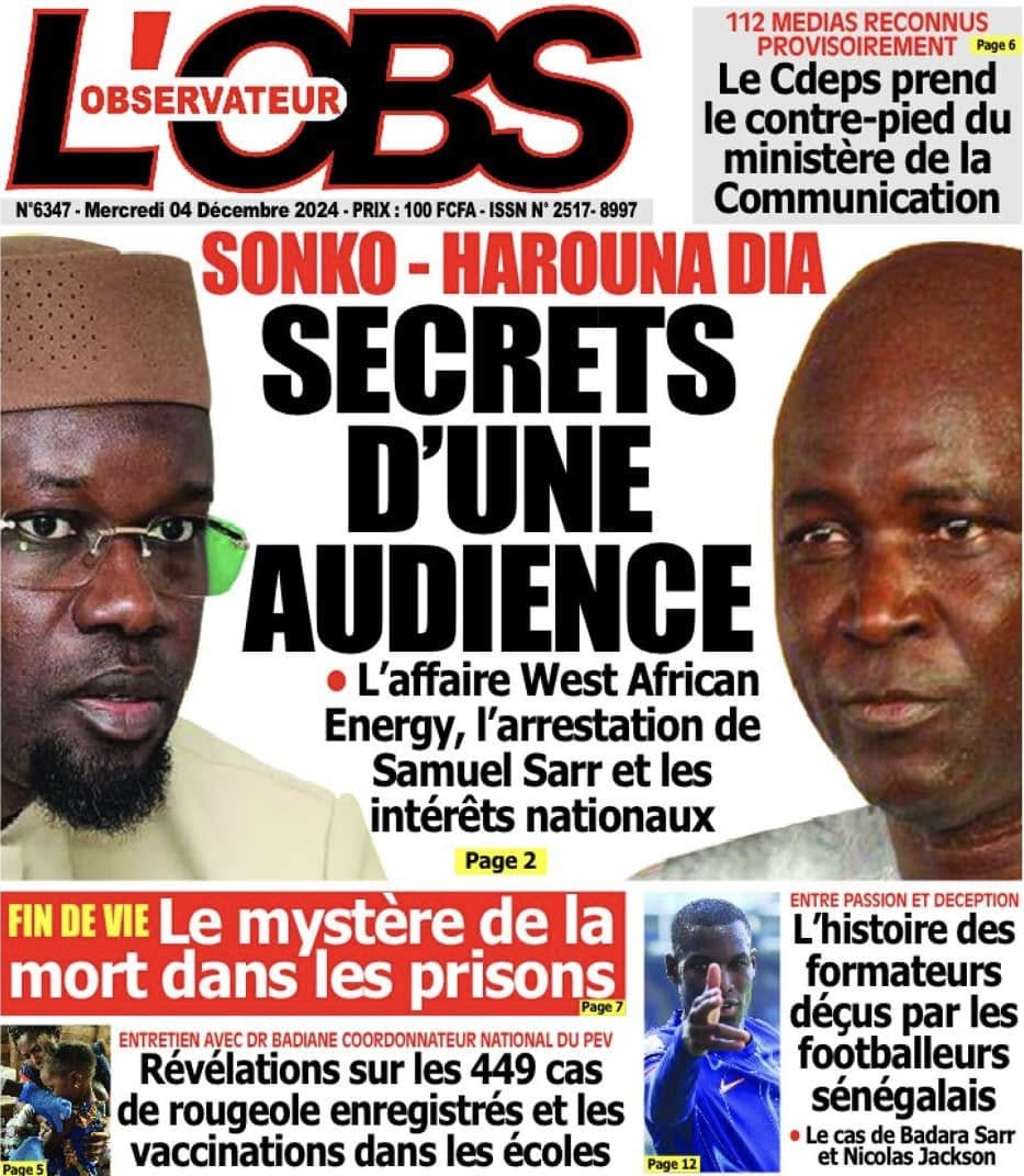 Découvrez les Unes des journaux Sénégalais du mercredi 04 décembre 2024