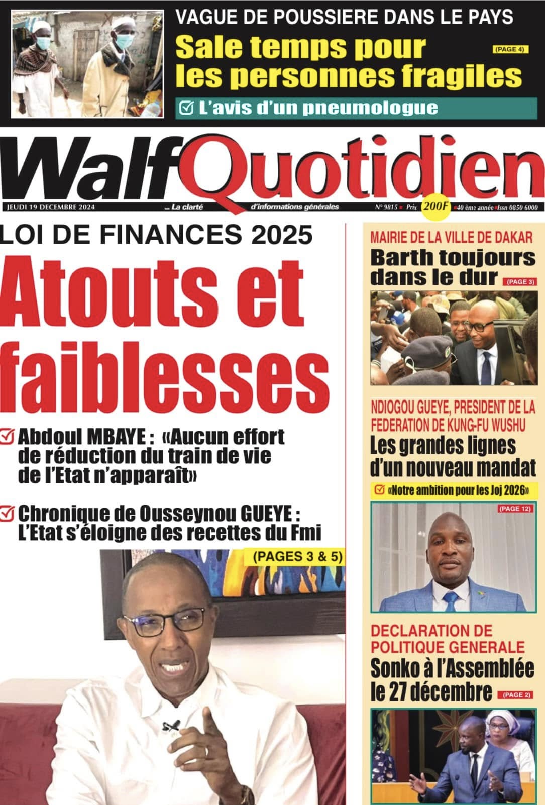 Découvrez les Unes des journaux Sénégalais du jeudi 19 décembre 2024