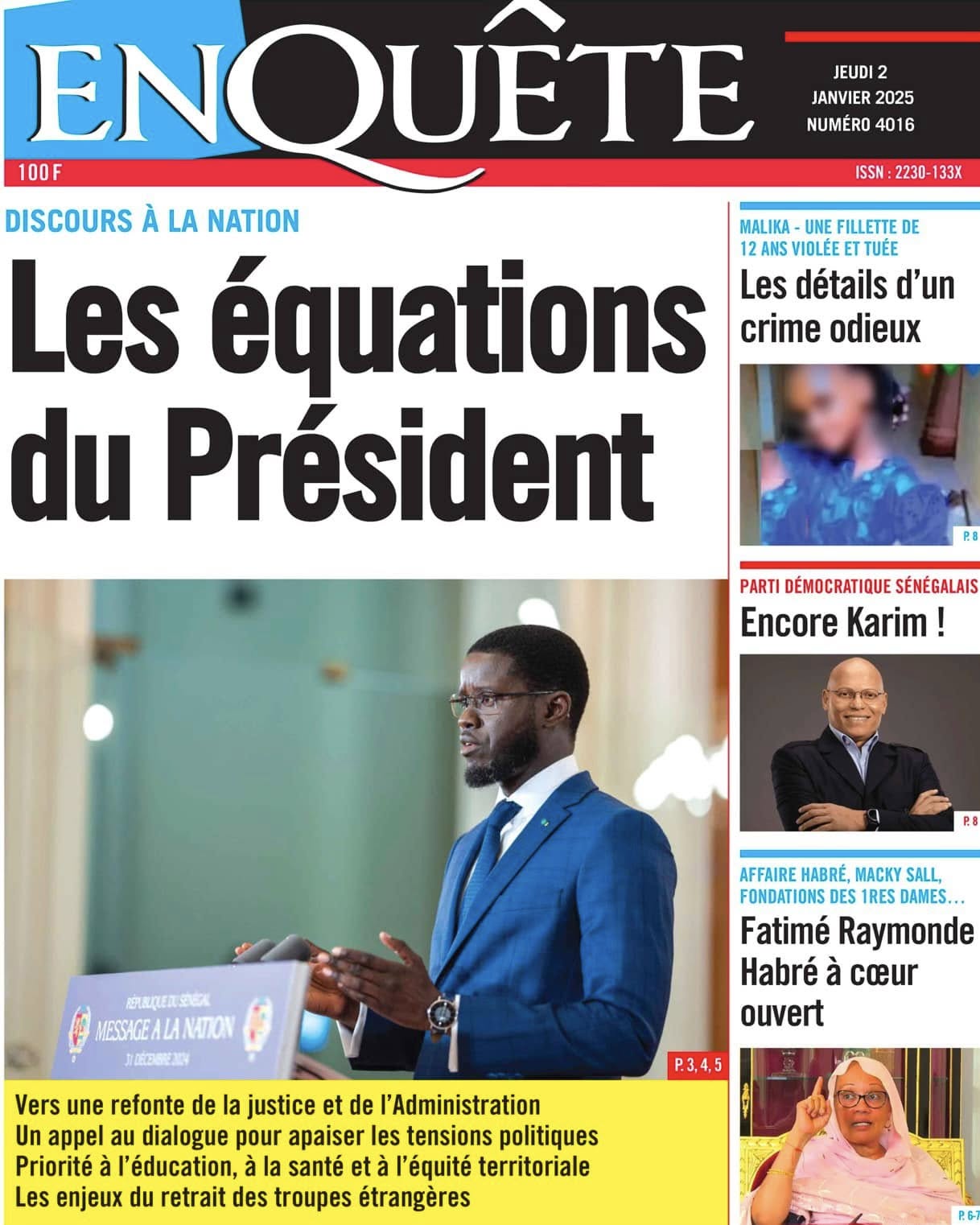 Découvrez les Unes des journaux Sénégalais du jeudi 02 janvier 2025