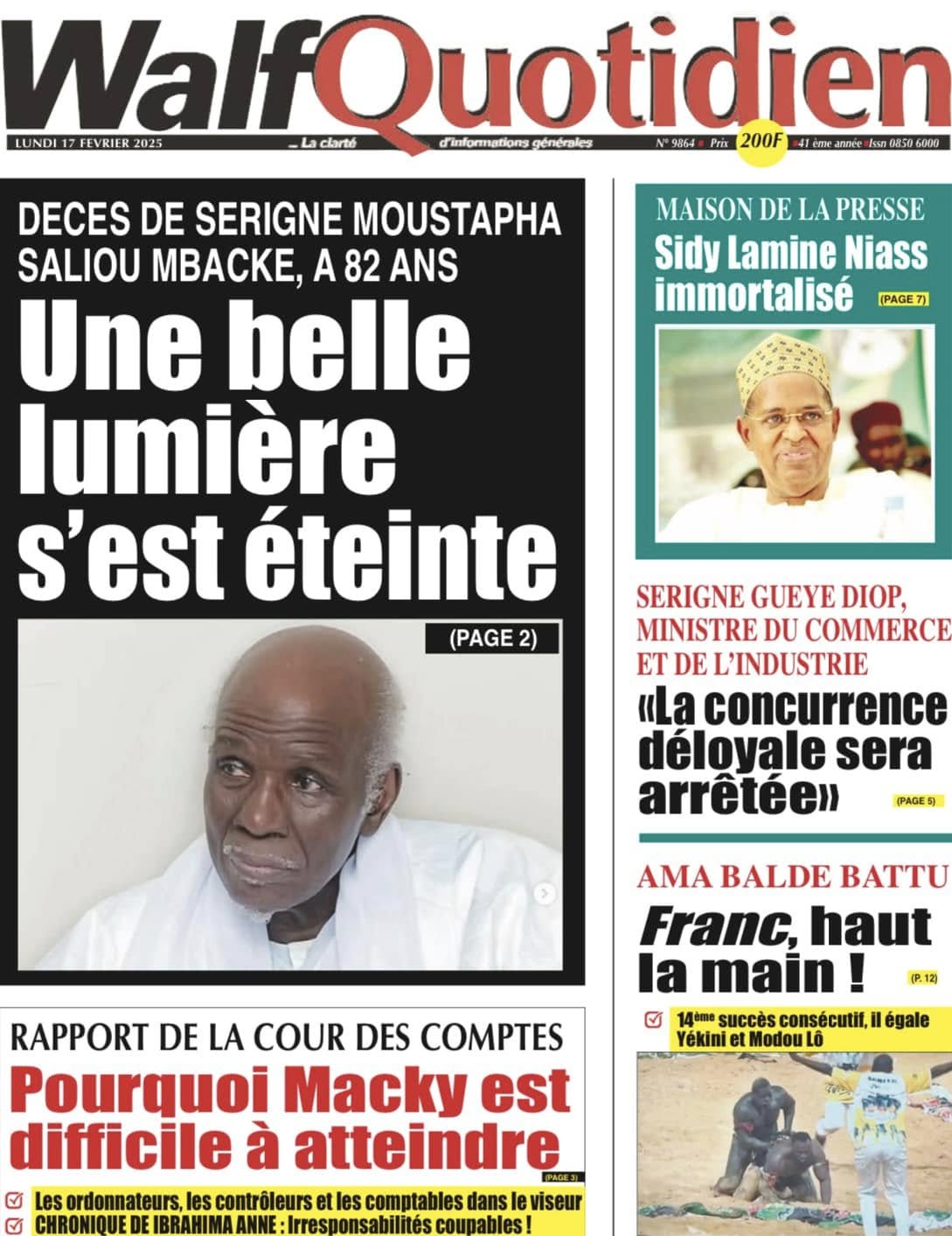 Découvrez les Unes des journaux sénégalais du lundi 17 février 2025