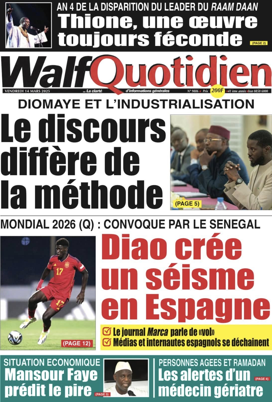 Découvrez les Unes des journaux sénégalais du vendredi 14 mars 2025