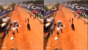 Diamaguène : Un bus  dérape sous une passerelle en esquivant un thiak-thiak… (vidéo)