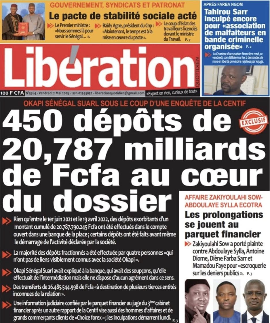 Découvrez les Unes des journaux sénégalais du vendredi 02 mai 2025