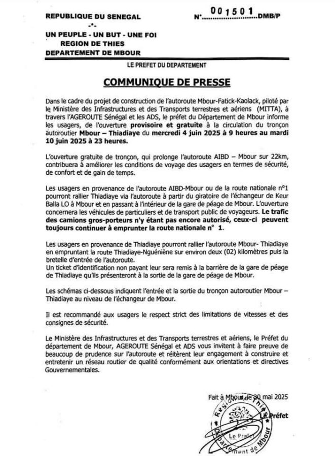 Ouverture provisoire du tronçon Mbour-Thiadiaye de l
