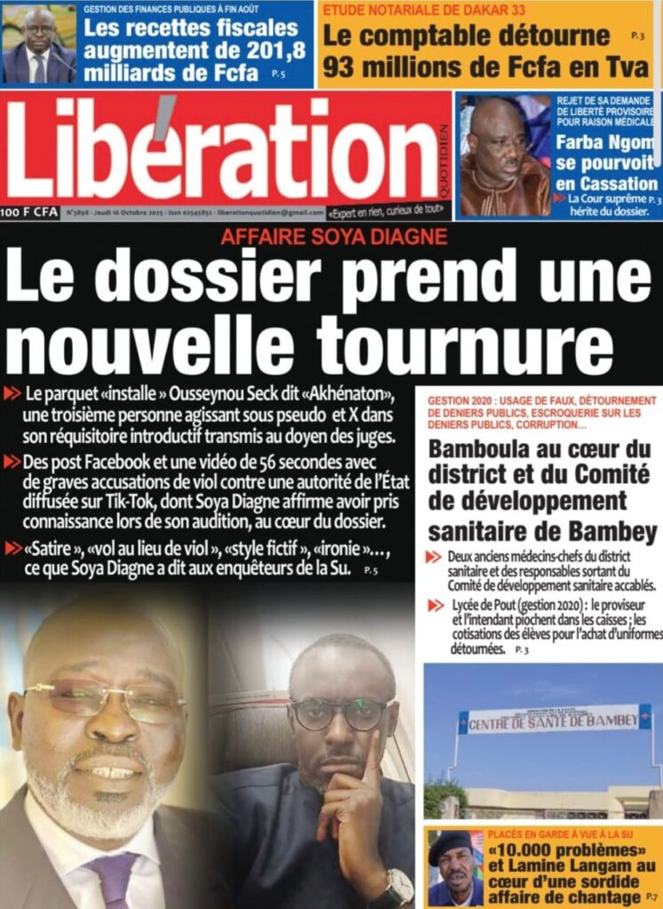 Découvrez les Unes des journaux sénégalais du jeudi 16 octobre 2025