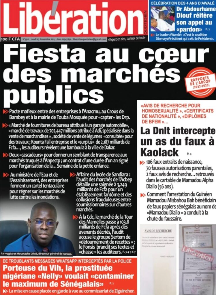 Découvrez les Unes des journaux sénégalais du lundi 03 novembre 2025