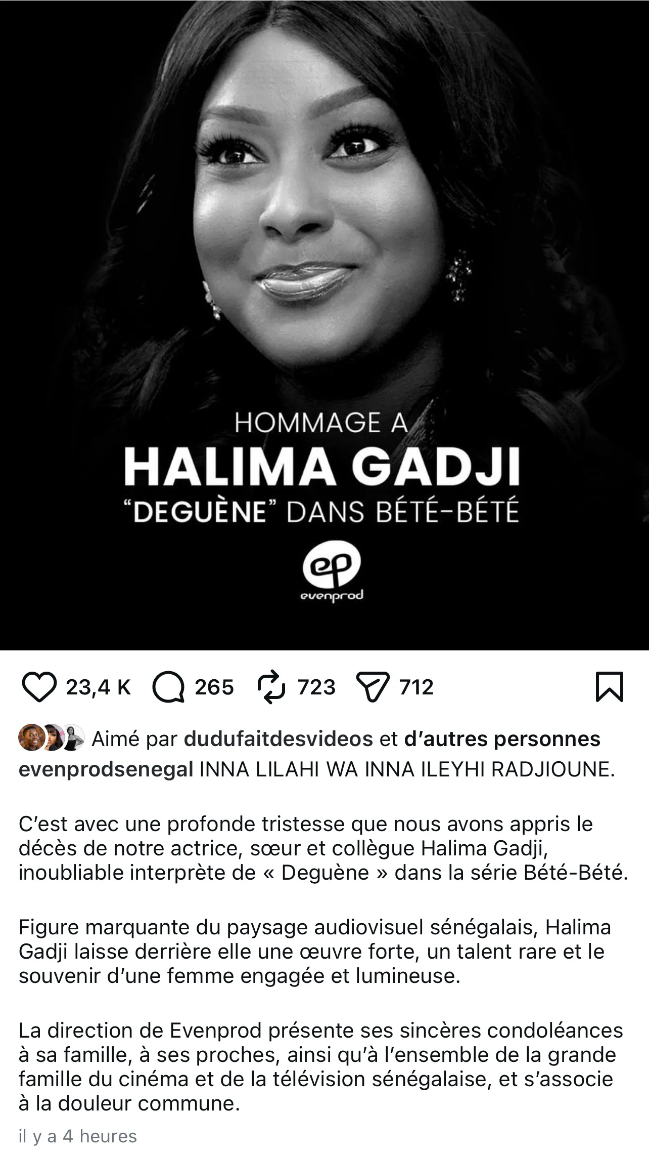 Pour honorer la mémoire de Halima Gadji, les témoignages concordants livrés par les maisons de production Evenprod et Marodi