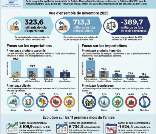 Commerce extérieur : Le Sénégal enregistre un déficit de 389,7 milliards FCFA en novembre 2025