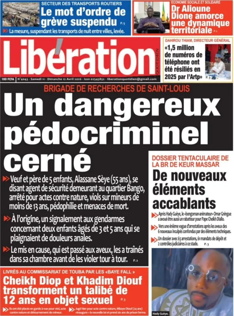 Découvrez les Unes des journaux sénégalais du samedi 11 avril 2026