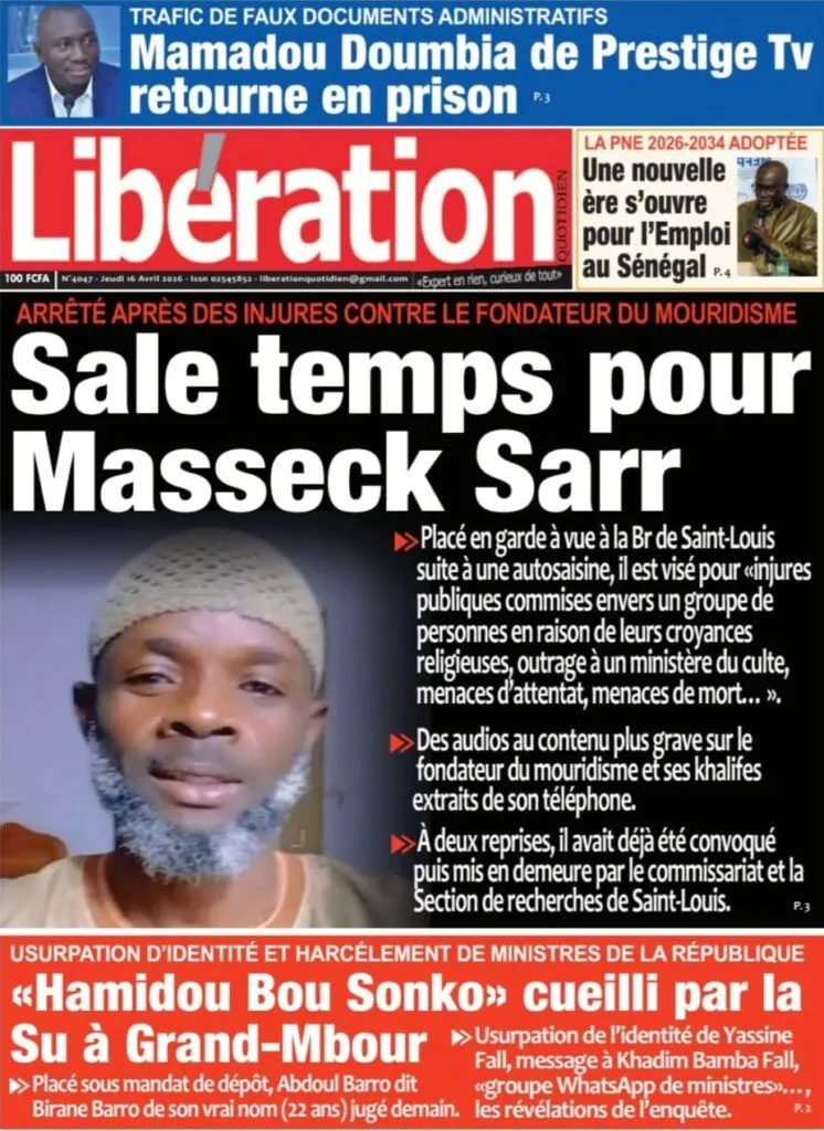 Découvrez les Unes des journaux sénégalais du jeudi 16 avril 2026
