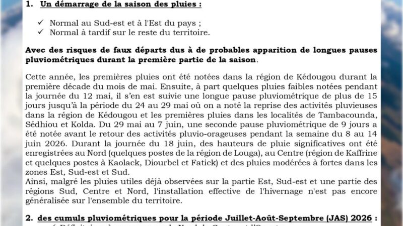 ANACIM : démarrage normal à tardif de l&rsquo;hivernage 2026 avec risques de faux départs