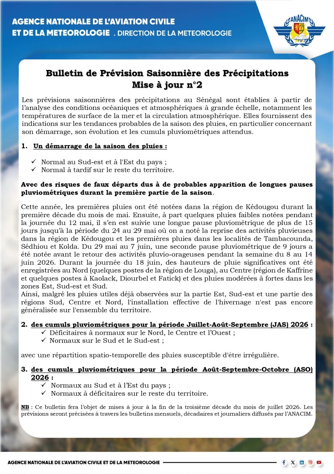 ANACIM : démarrage normal à tardif de l’hivernage 2026 avec risques de faux départs