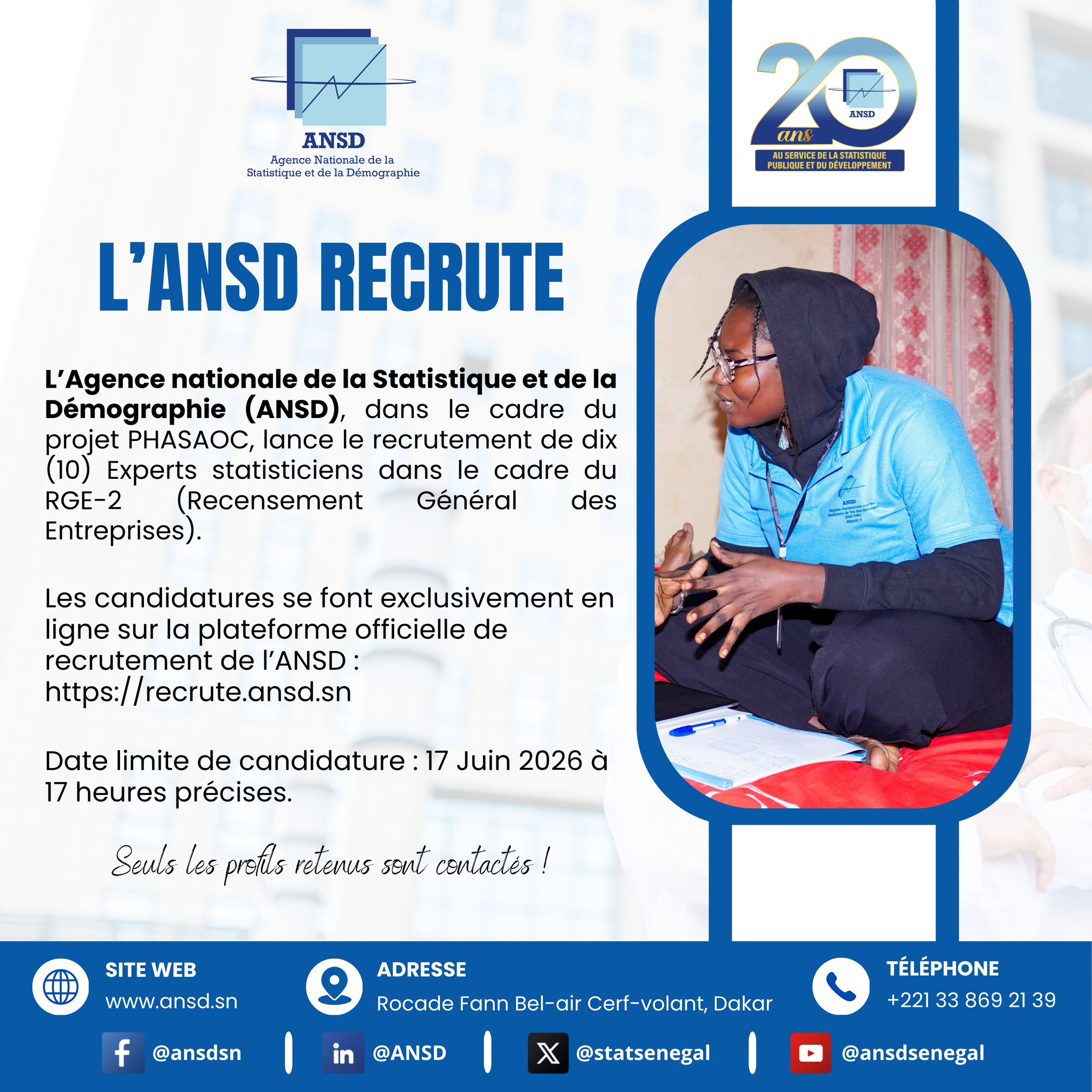 ANSD recrute 10 experts statisticiens pour le recensement des entreprises, date limite 17 juin 2026