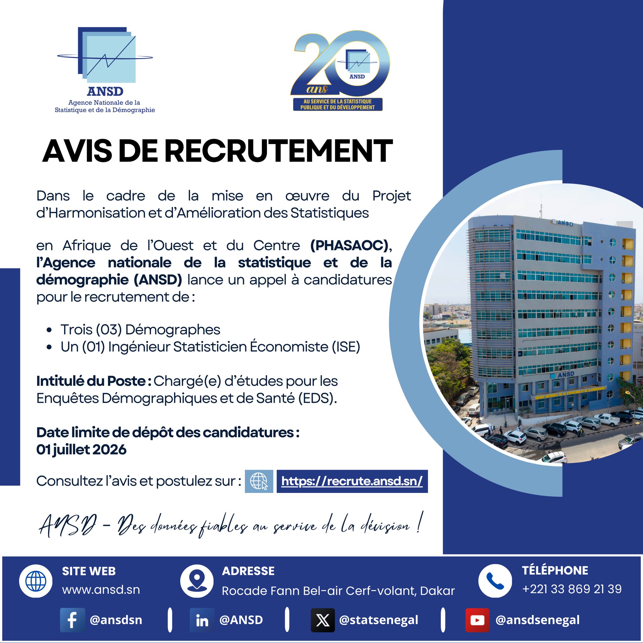 ANSD recrute 4 experts pour les Enquêtes Démographiques et de Santé (EDS)