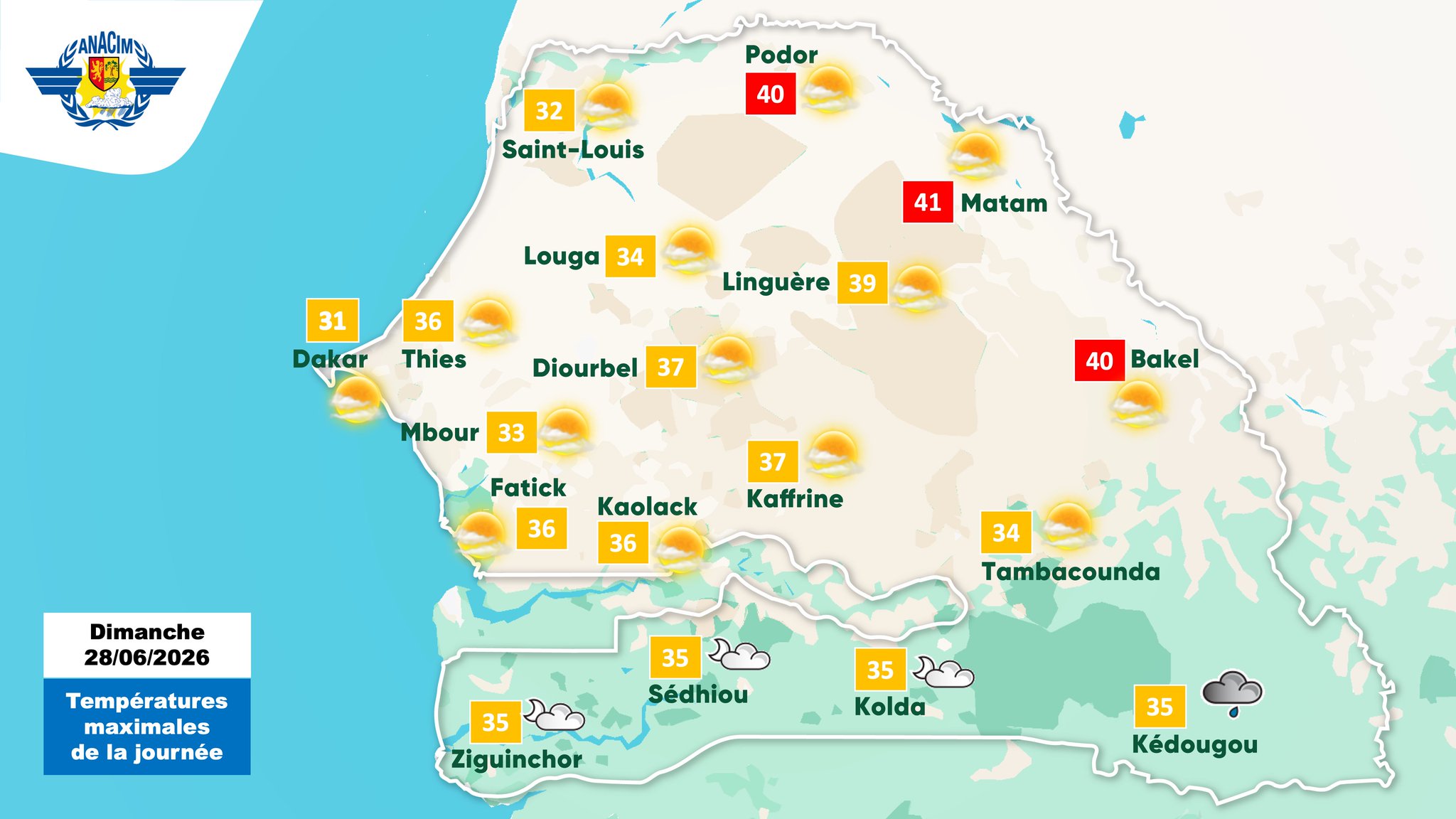 Chaleur jusqu&rsquo;à 41°C et orages sur Kédougou et Kolda ce week-end