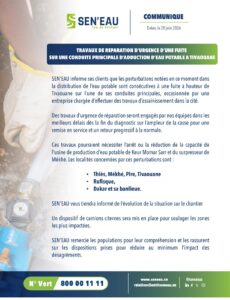 Fuite d&rsquo;urgence à Tivaouane : perturbations de l&rsquo;eau à Dakar, Thiès et autres localités (20 juin 2026)