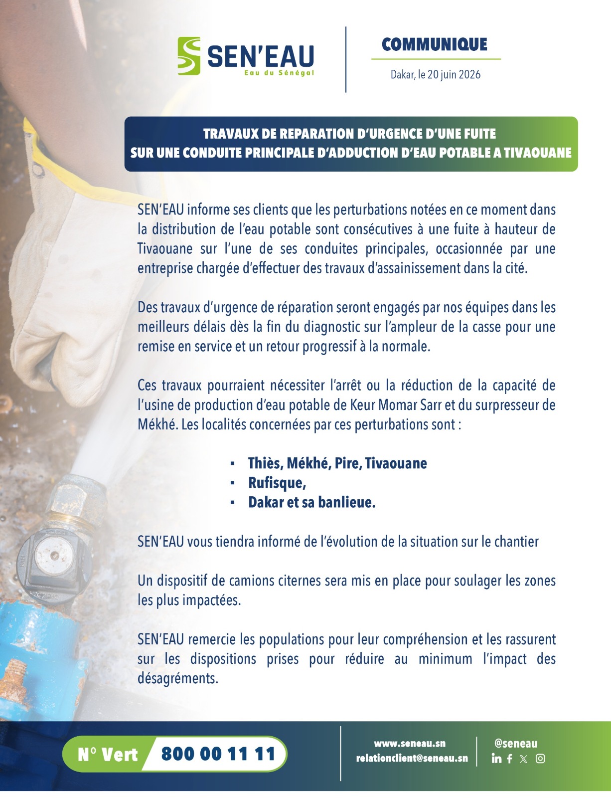 Fuite d’urgence à Tivaouane : perturbations de l’eau à Dakar, Thiès et autres localités (20 juin 2026)