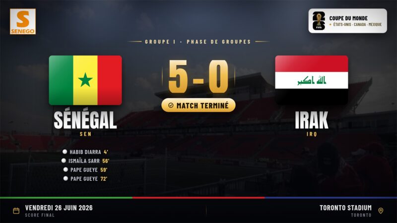 Sénégal – Irak (5-0) : Habib Diarra et Pape Gueye portent les Lions, le résumé du match et les notes (Mondial 2026)
