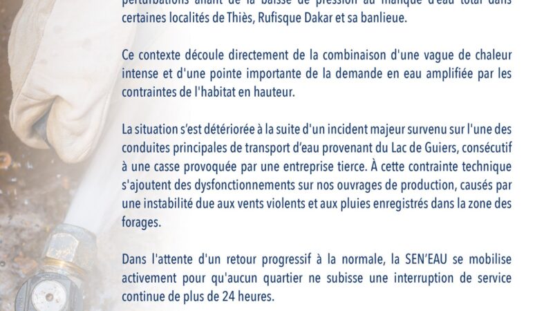 Perturbations de l&rsquo;eau à Dakar et Thiès le 24 juin 2026, SEN&rsquo;EAU mobilise des camions citernes