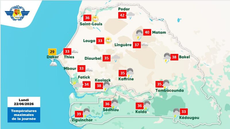 Températures maximales jusqu&rsquo;à 42°C au Sénégal le 22 juin 2026