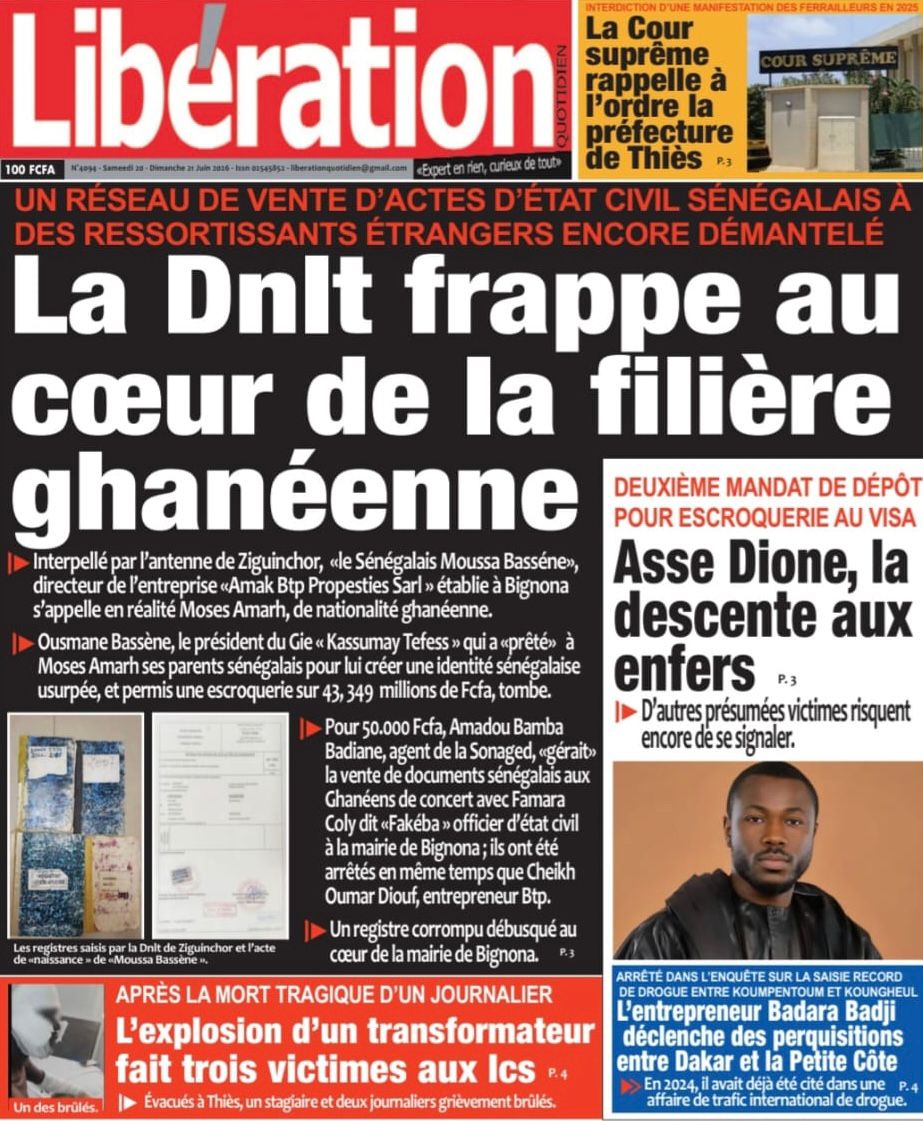 Découvrez les Unes des journaux sénégalais du samedi 20 juin 2026