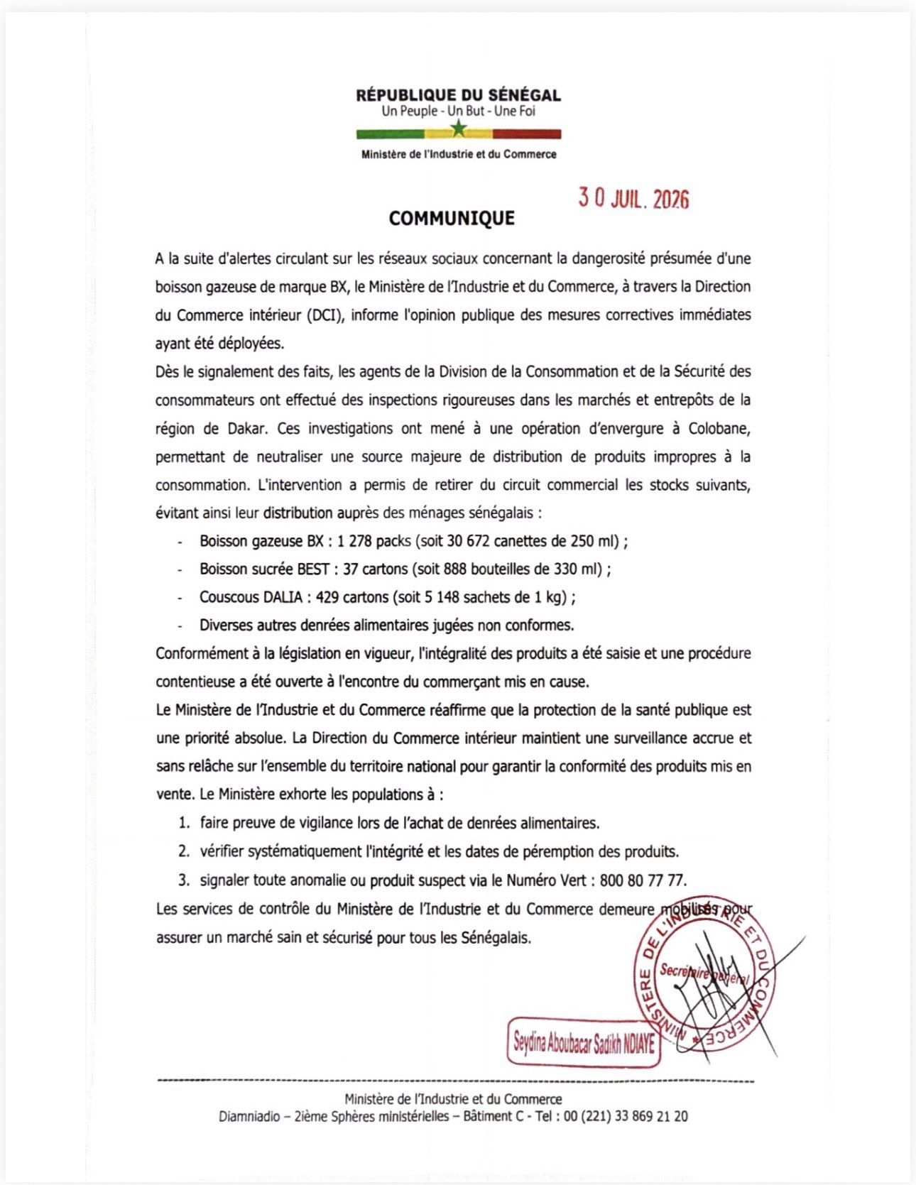 30 672 canettes de boisson BX retirées du marché par le Ministère de l’Industrie et du Commerce (30 juil. 2026)