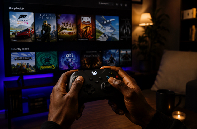 Mains tenant une manette devant une bibliothèque de jeux sur un écran
