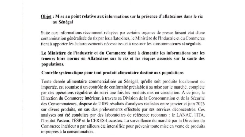 Aflatoxines dans le riz : le ministère de l&rsquo;Industrie et du Commerce dément et rassure