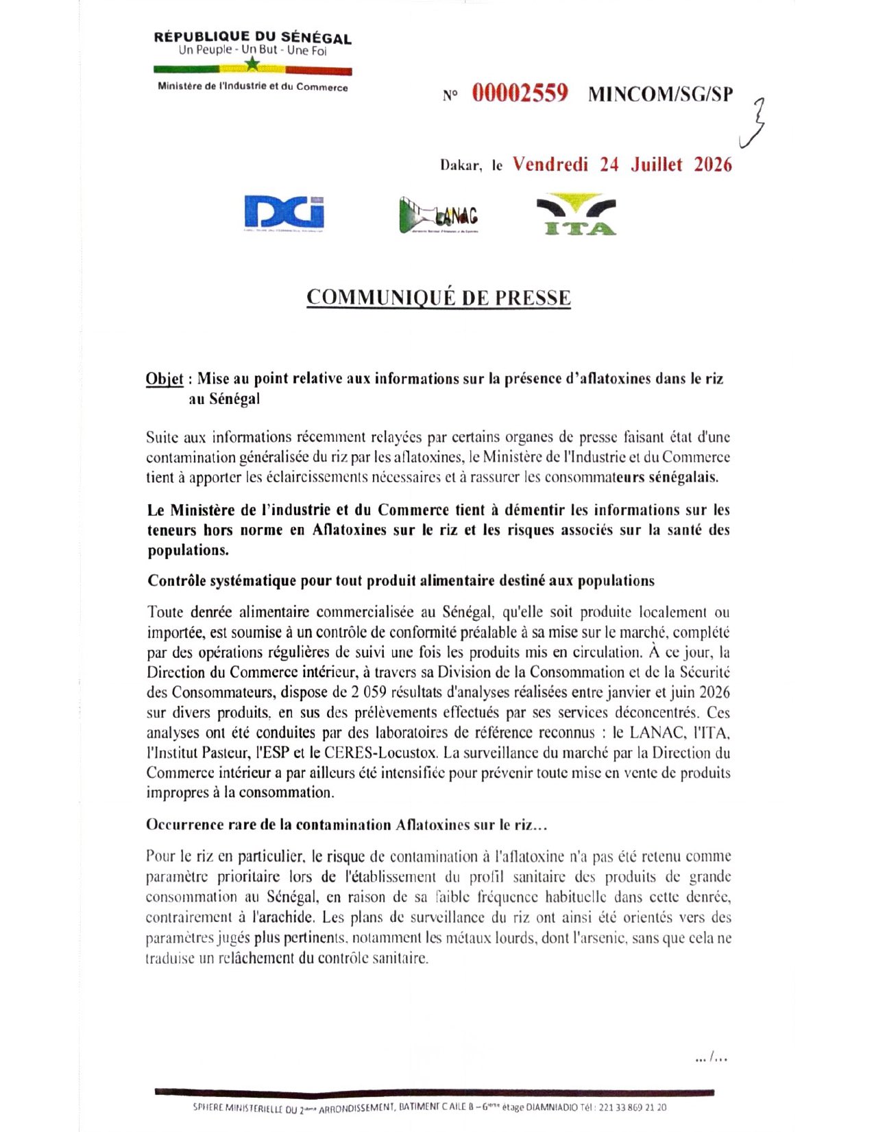 Aflatoxines dans le riz : le ministère de l’Industrie et du Commerce dément et rassure