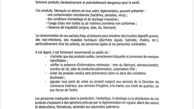 Alerte du Min. Industrie & Commerce sur des sachets d&rsquo;eau et boissons clandestins (06 juil. 2026)