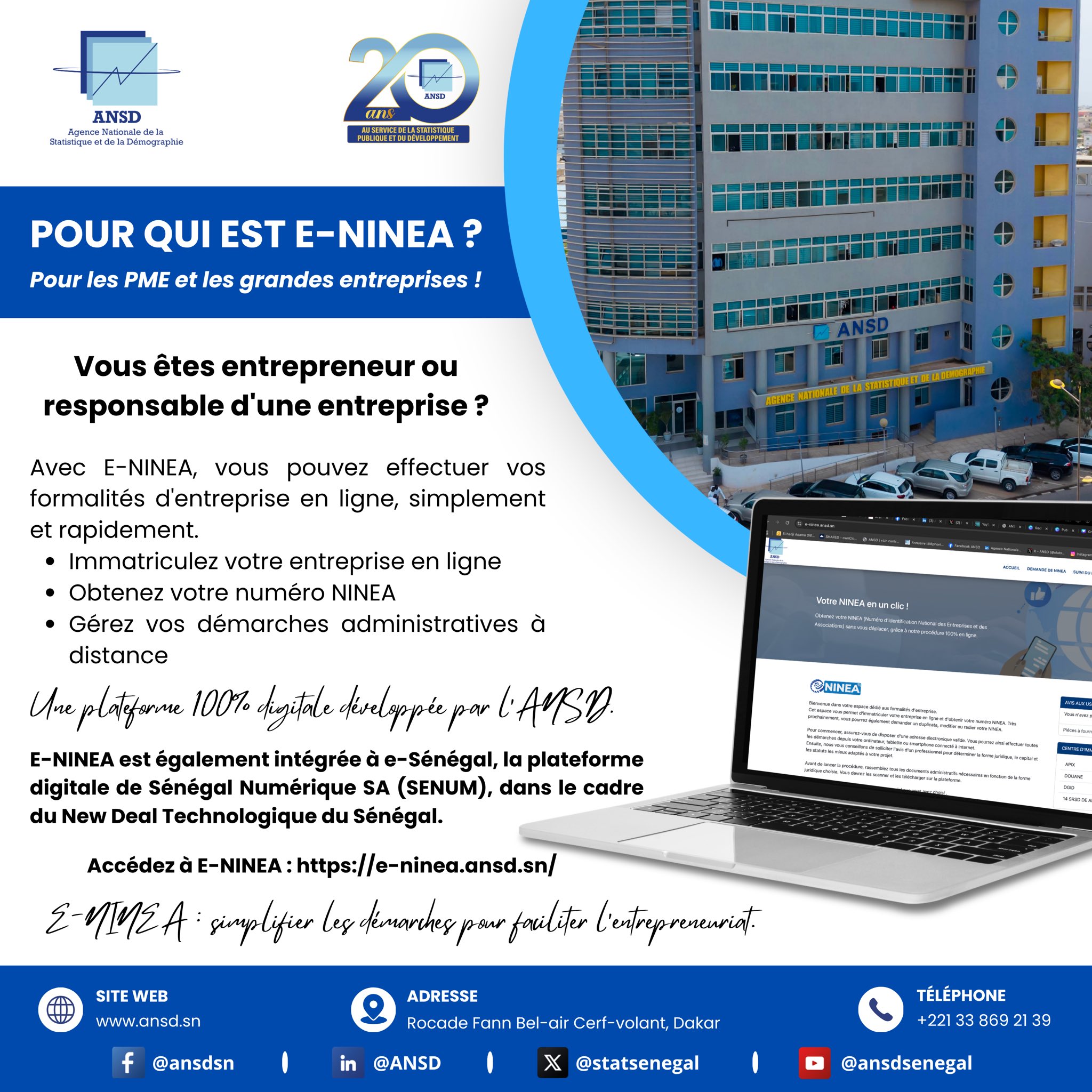 ANSD lance E-NINEA pour l’immatriculation en ligne des entreprises