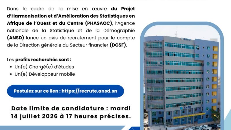 ANSD recrute un chargé d&rsquo;études et un développeur mobile pour le projet PHASAOC