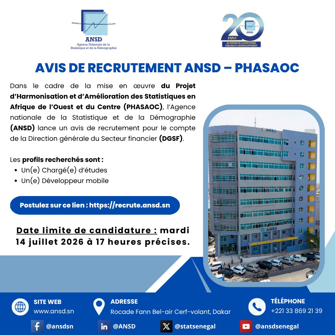 ANSD recrute un chargé d’études et un développeur mobile pour le projet PHASAOC