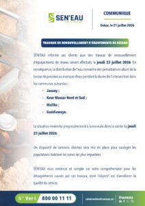 Coupure d’eau le 23 juillet 2026 à Jaxaay, Keur Massar, Malika et Guédiawaye