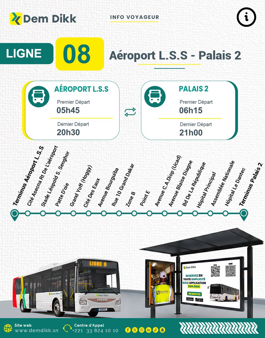 Ligne 08 de Dakar Dem Dikk : horaires entre Aéroport L.S.S. et Palais 2