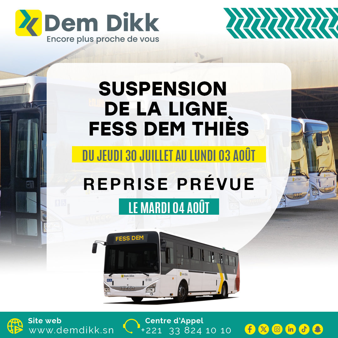 Ligne Fess Dem Thiès suspendue du 30 juillet au 3 août pour le Magal de Touba